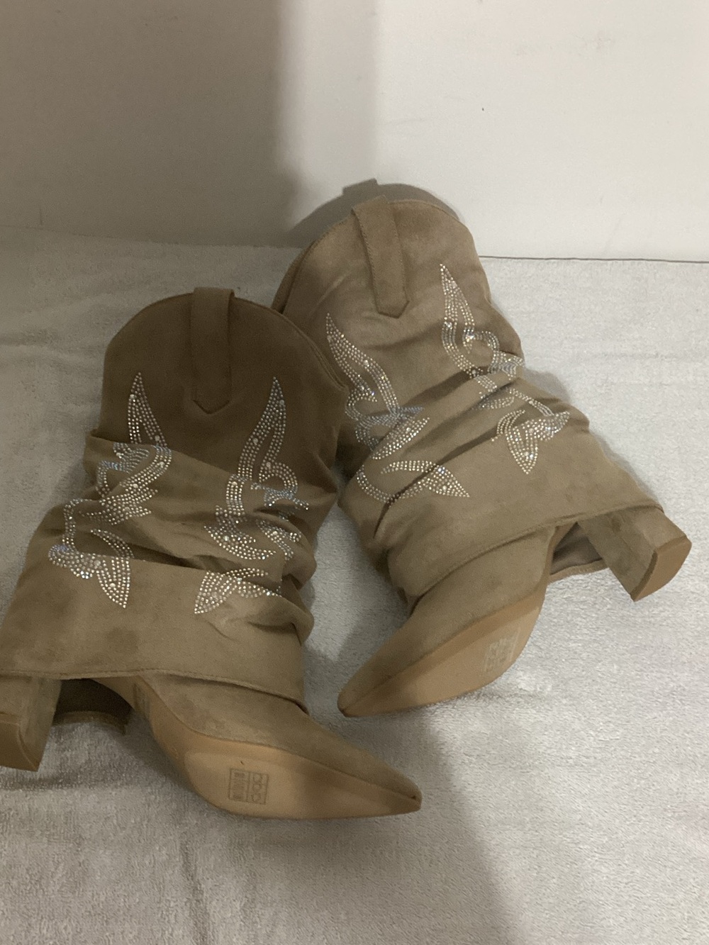 BAMBOO Tan Suede Slouchy Western Boots with Crystal Embellishment